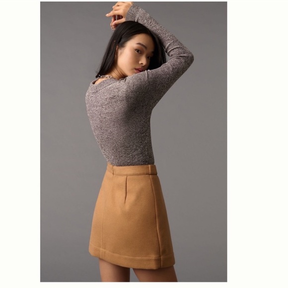Anthropologie Camel Tan Wool Blend Belted Wrap Mini Skirt - Picture 3 of 12